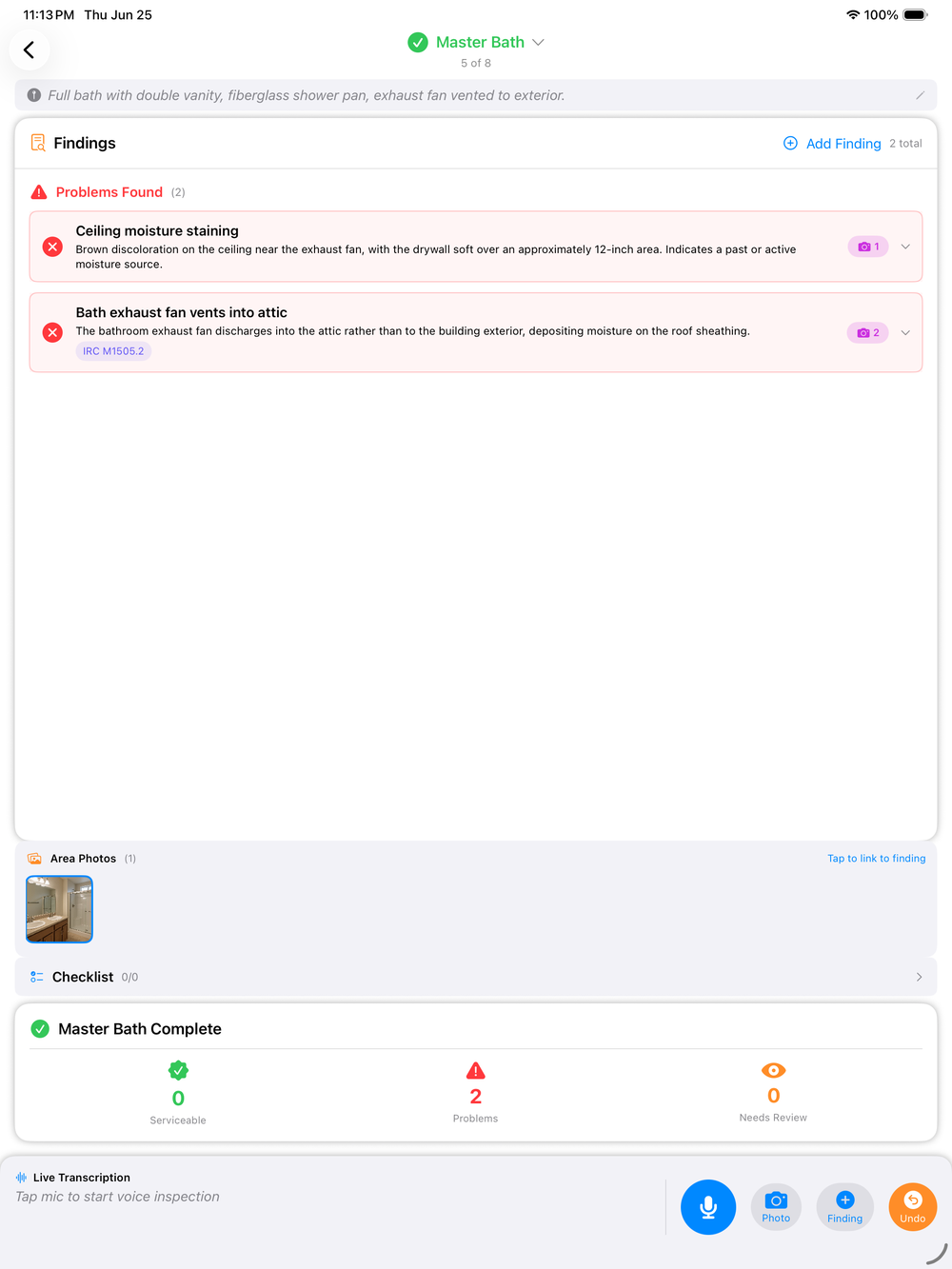 AI-written findings with code references for an inspection area
