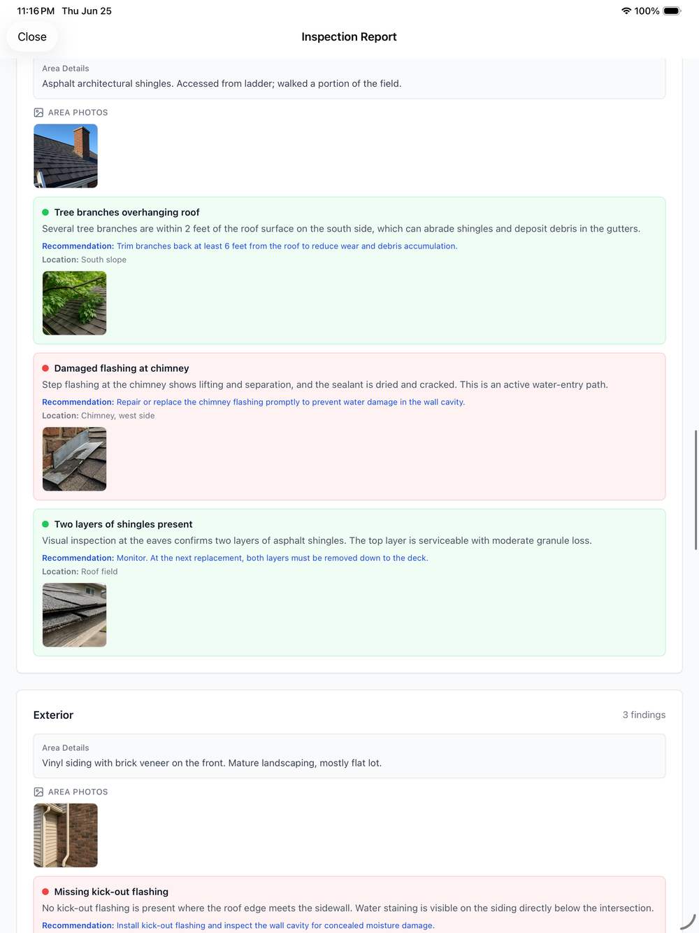 Shared client report with per-area findings and photos