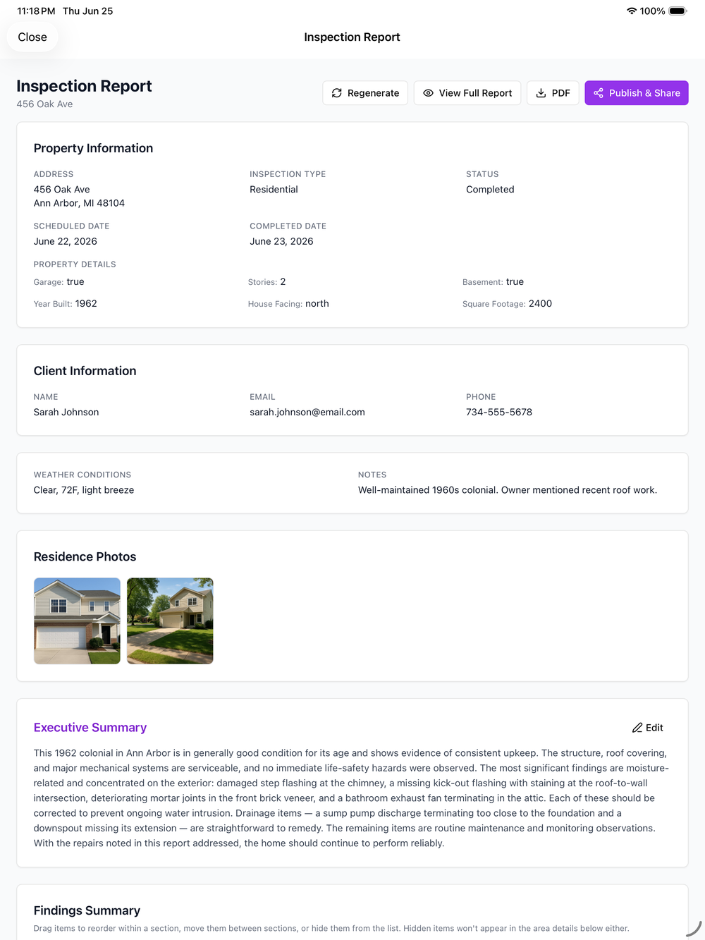 Completed inspection report with property info and photos