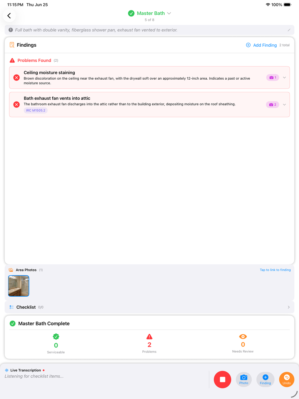 PadInspector voice inspection in progress on iPad β live transcription and AI findings