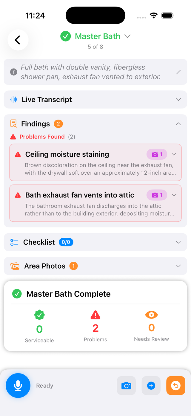 Recording an area by voice with live findings in PadInspector