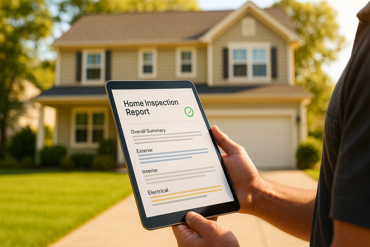 Finished inspection report on an iPad in a sunny driveway, already sent