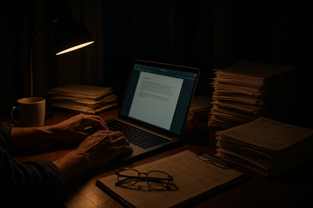Inspector still typing up an inspection report late at night
