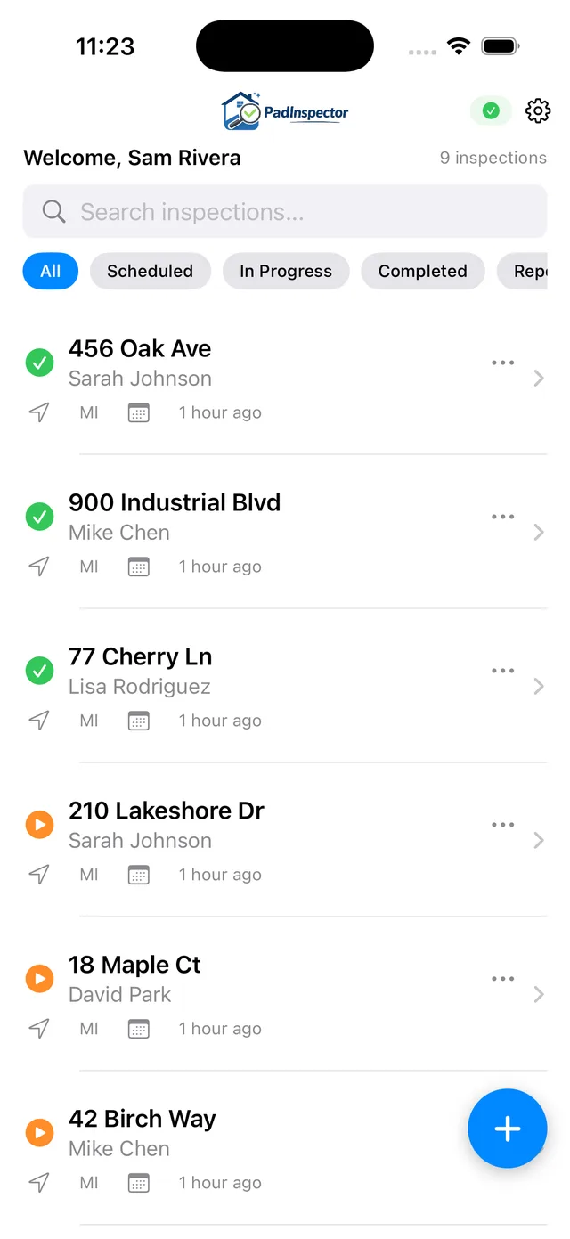 Home Inspection Scheduling Apps Home inspection scheduling apps stop at a calendar entry, while PadInspector's inspection list shows each job's scheduled status and assigned inspector in one place.