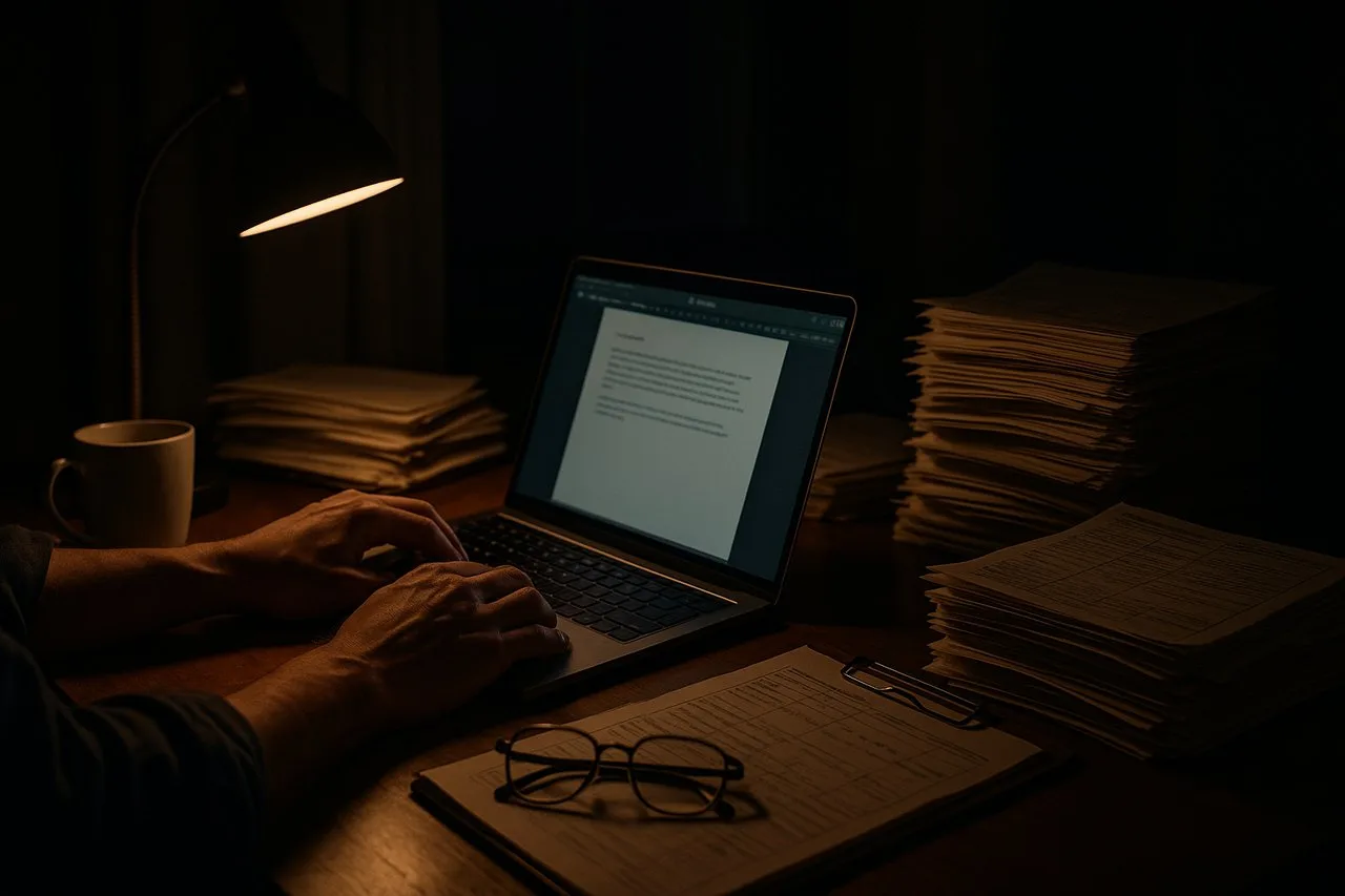 home-inspection-software-for-mac-old-way An inspector retyping notes at a desktop computer late at night, the old Mac workaround PadInspector's native field app is built to replace.