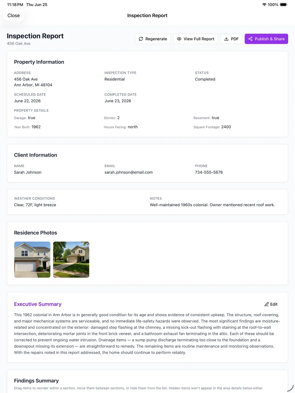 Home Inspector Software Photos auto-attached to inspection findings shown in the report overview of home inspector software.
