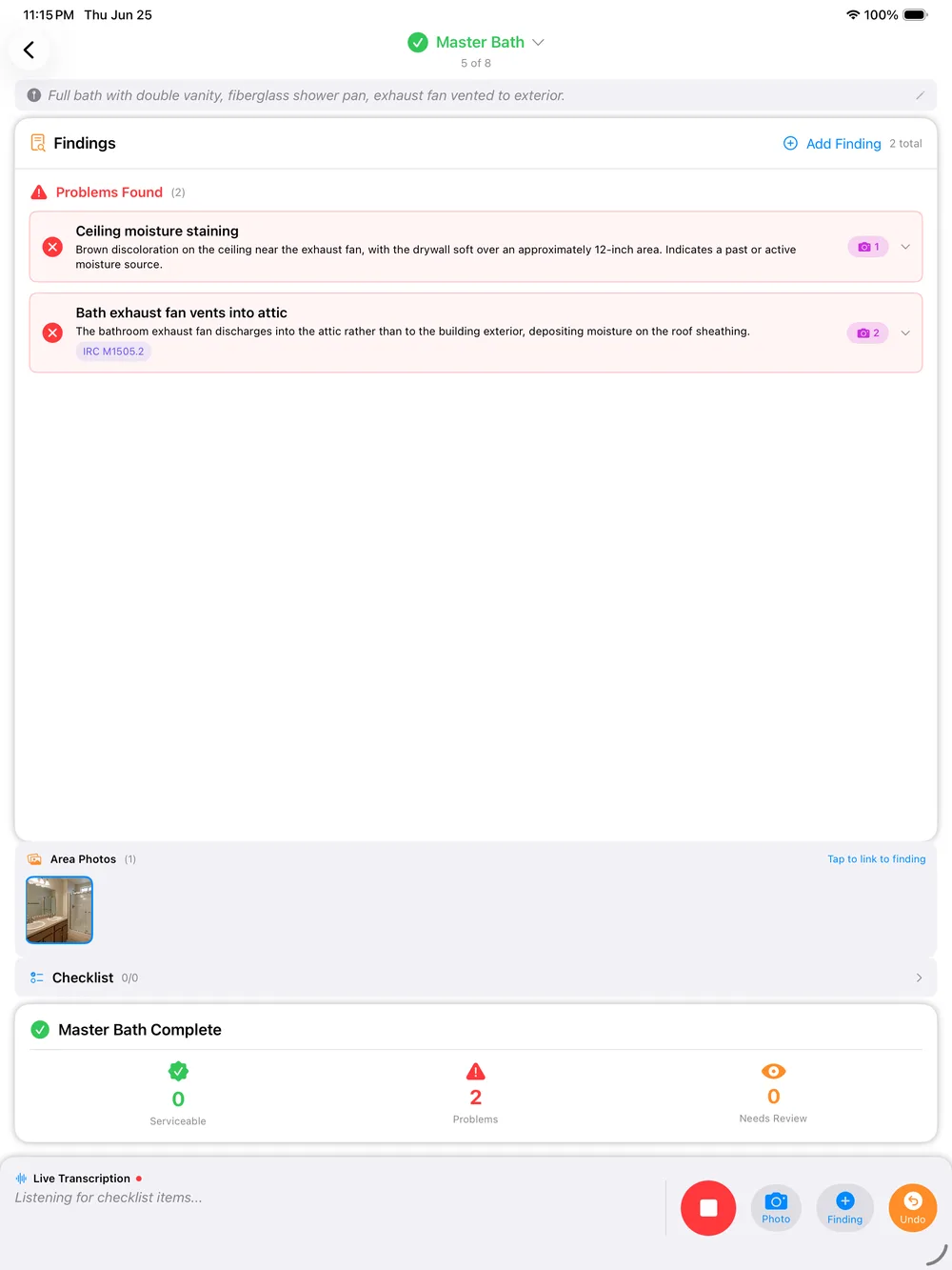 pre-purchase-building-inspection-software-voice-capture PadInspector capturing a spoken pre-purchase finding on an iPad while the inspector walks the property.